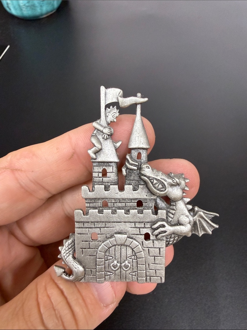 Silver Dragon & Castle Brooch Pin - Silver Tone Women’s Jewelry